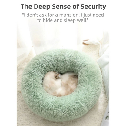 Green Cozy Donut Long Plush Cat & Dog Calming Bed(Diameter 50cm) - Double-Layer PP Cotton Filling Warming Pet Bed with Anti-Slip Base & Free Blanket - Image 3