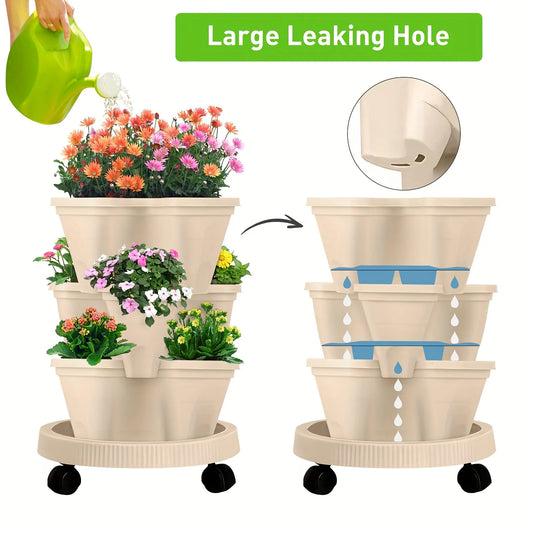 Pink 3-Tier Stackable Strawberry & Vegetable Planter with Mobile Wheel Tray - Space-Saving Vertical Gardening System - Image 5