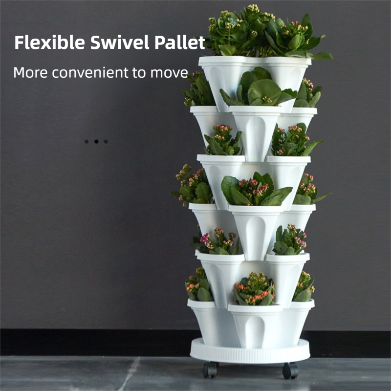 Red 3-Tier Stackable Strawberry & Vegetable Planter with Mobile Wheel Tray - Space-Saving Vertical Gardening System - Image 4