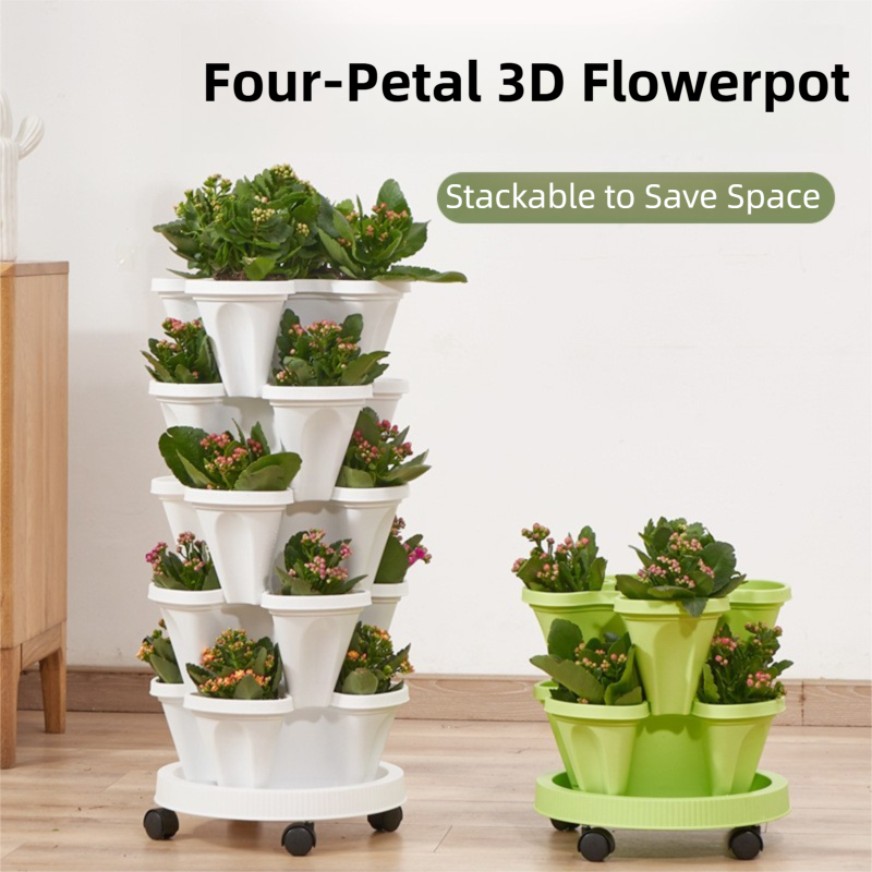 Beige 3-Tier Stackable Strawberry & Vegetable Planter with Mobile Wheel Tray - Space-Saving Vertical Gardening System - Image 2