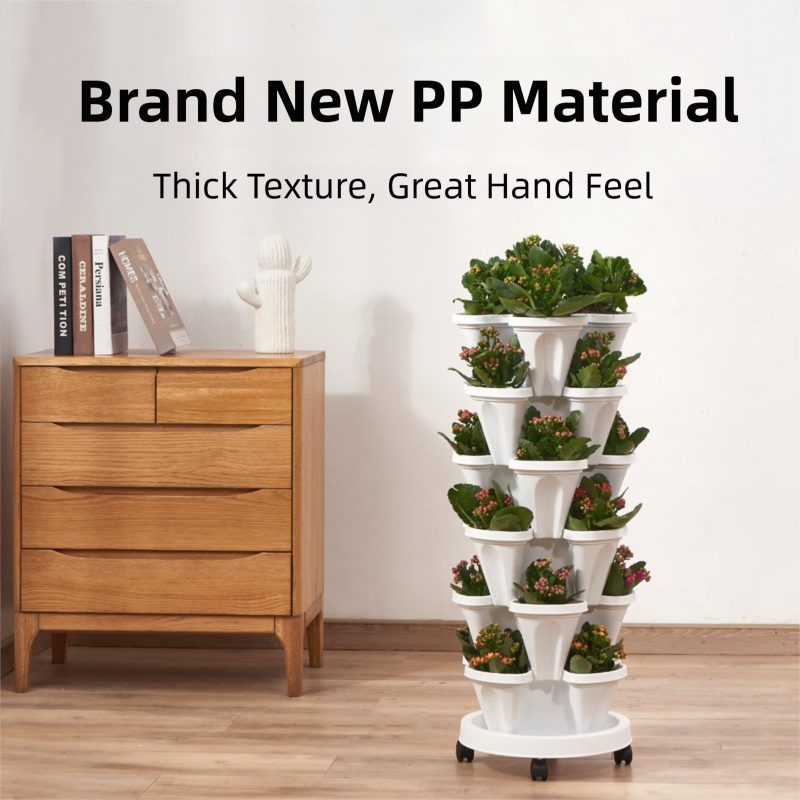 Beige 3-Tier Stackable Strawberry & Vegetable Planter with Mobile Wheel Tray - Space-Saving Vertical Gardening System - Image 3