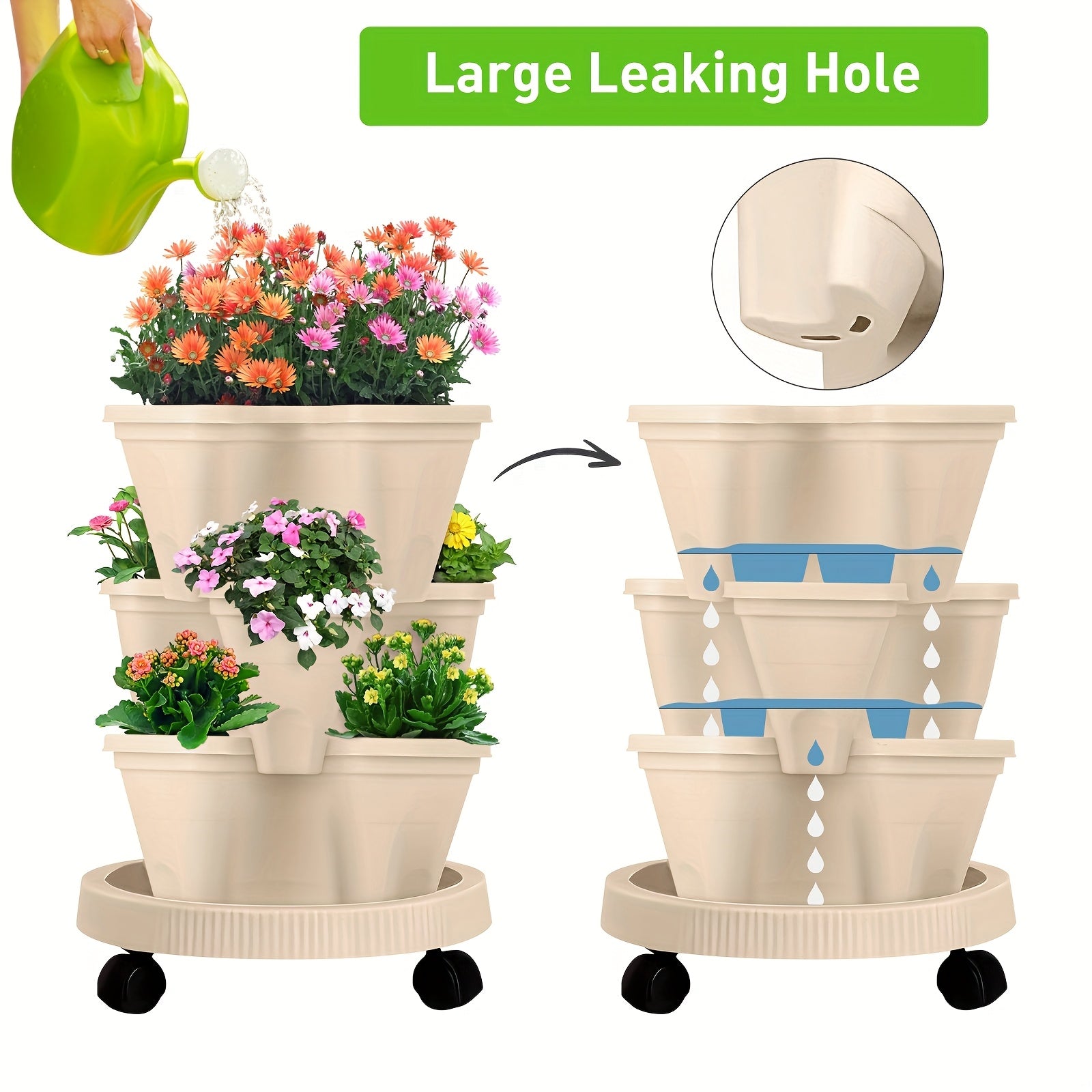 Beige 3-Tier Stackable Strawberry & Vegetable Planter with Mobile Wheel Tray - Space-Saving Vertical Gardening System - Image 5