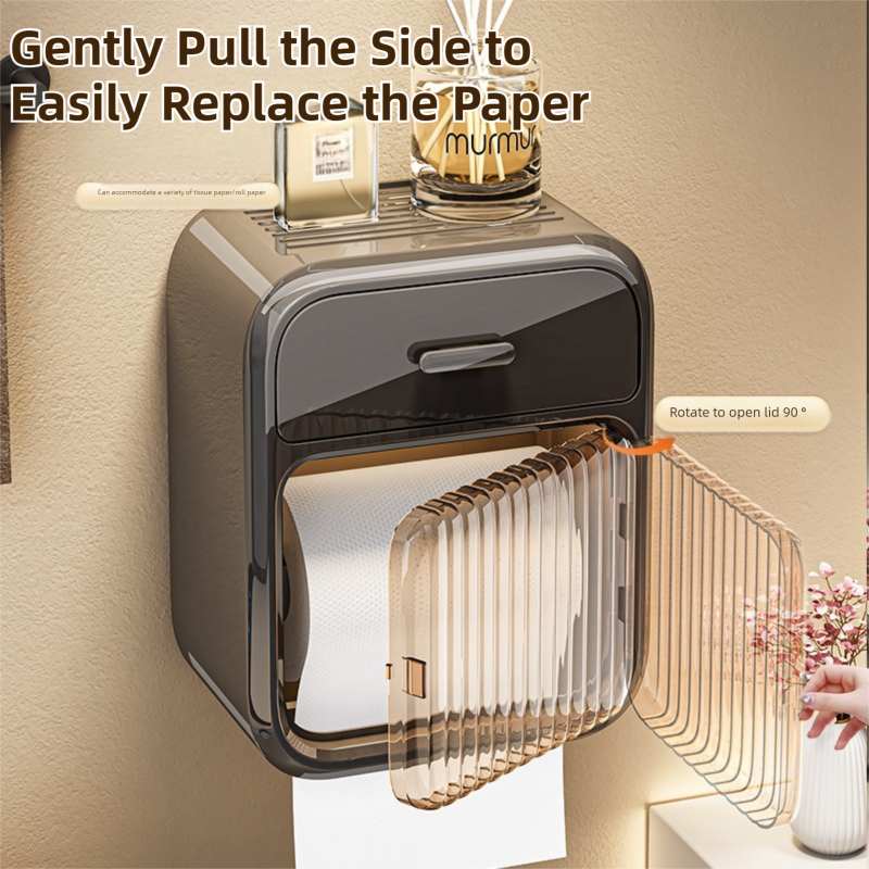 Latte No-Drill Wall Mounted Toilet Paper Holder with Storage Shelf and Drawer - Waterproof Bathroom Tissue Dispenser for Roll & Face Tissue - Image 3