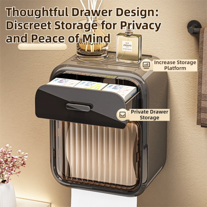 Latte No-Drill Wall Mounted Toilet Paper Holder with Storage Shelf and Drawer - Waterproof Bathroom Tissue Dispenser for Roll & Face Tissue - Image 4