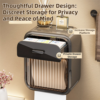 Latte No-Drill Wall Mounted Toilet Paper Holder with Storage Shelf and Drawer - Waterproof Bathroom Tissue Dispenser for Roll & Face Tissue - Image 4