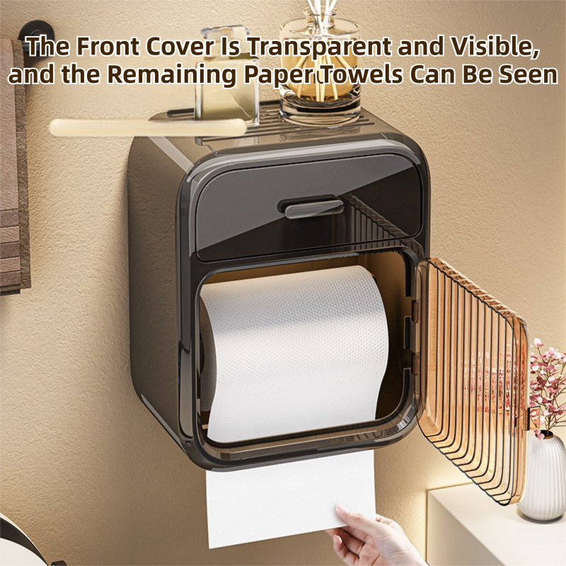 Black No-Drill Wall Mounted Toilet Paper Holder with Storage Shelf and Drawer - Waterproof Bathroom Tissue Dispenser for Roll & Face Tissue - Image 5
