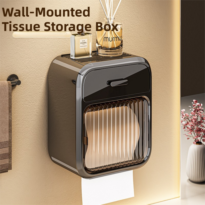 Mint Green No-Drill Wall Mounted Toilet Paper Holder with Storage Shelf and Drawer - Waterproof Bathroom Tissue Dispenser for Roll & Face Tissue - Image 2