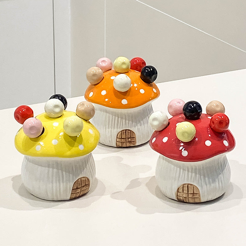 Orange Cute Cartoon Mushroom Mirror Polished Cutlery Jar with 6-Piece Stainless Steel Fruit Fork Set - Dessert Picks/Appetizer Forks - Image 2