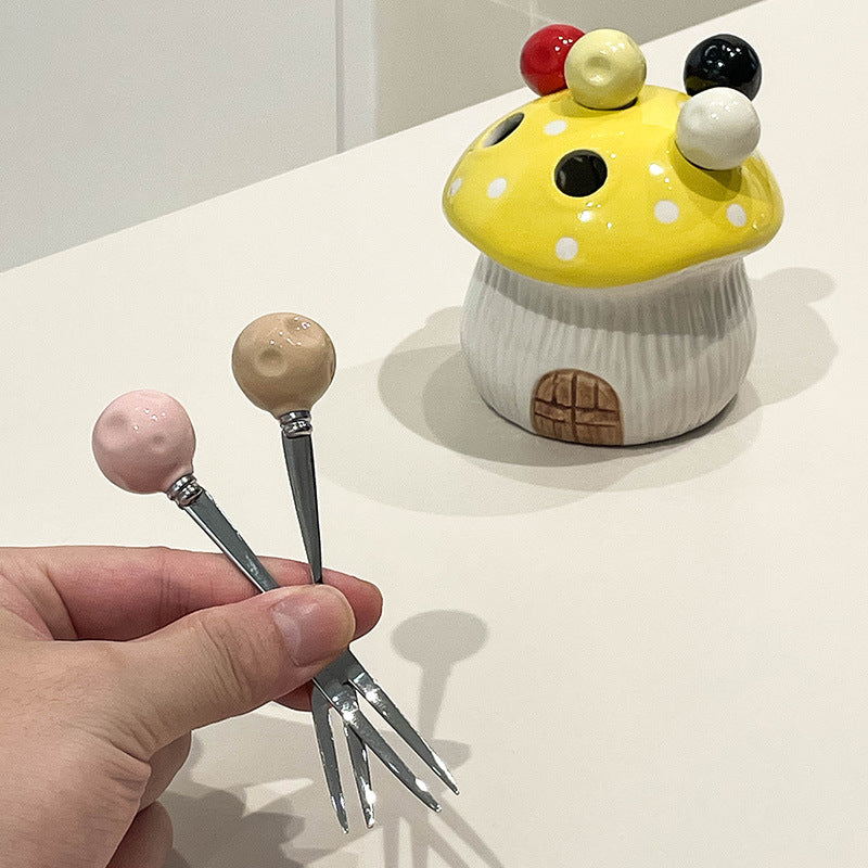 Orange Cute Cartoon Mushroom Mirror Polished Cutlery Jar with 6-Piece Stainless Steel Fruit Fork Set - Dessert Picks/Appetizer Forks - Image 3