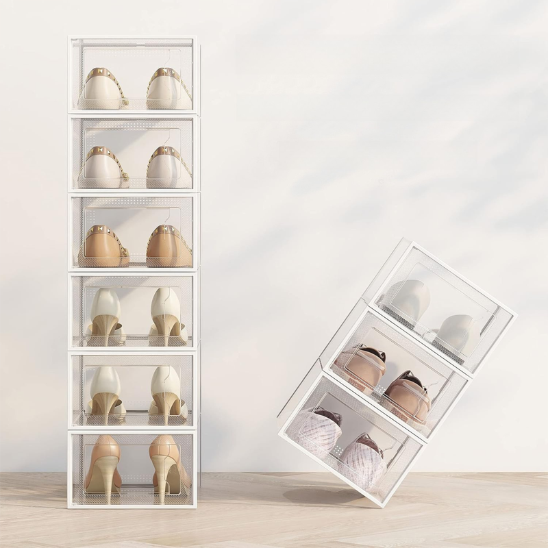 2-Pack White Clear Stackable Shoe Storage Organizer Boxes - Durable Plastic Sneaker Display and Closet Storage Containers with Magnetic Drop Front - Image 3