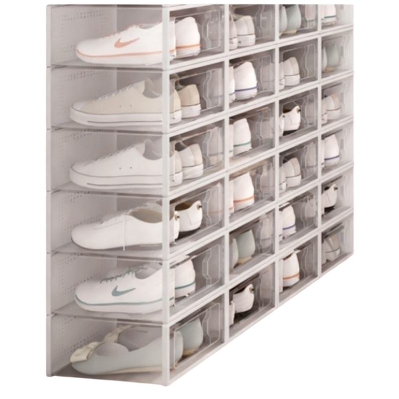 2-Pack White Clear Stackable Shoe Storage Organizer Boxes - Durable Plastic Sneaker Display and Closet Storage Containers with Magnetic Drop Front - Image 4