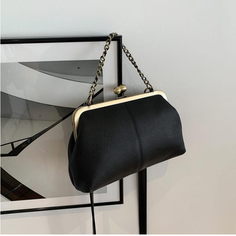Black Retro Women's Shell Handbag - European Style Clip Lock Closure PU Clutch/Shoulder Bag with Chain Strap - Image 3