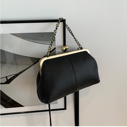 Black Retro Women's Shell Handbag - European Style Clip Lock Closure PU Clutch/Shoulder Bag with Chain Strap - Image 3