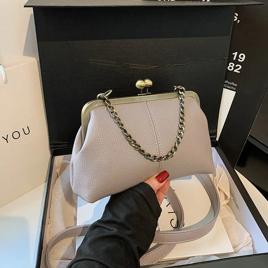 Light Purple Retro Women's Shell Handbag - European Style Clip Lock Closure PU Clutch/Shoulder Bag with Chain Strap - Image 2