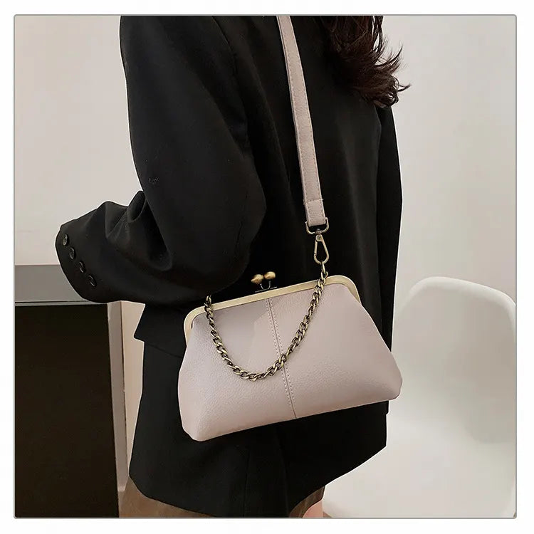 Light Purple Retro Women's Shell Handbag - European Style Clip Lock Closure PU Clutch/Shoulder Bag with Chain Strap - Image 3