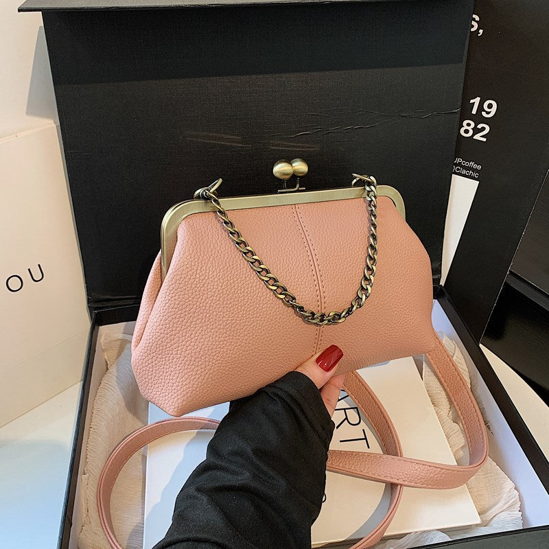 Pink Retro Women's Shell Handbag - European Style Clip Lock Closure PU Clutch/Shoulder Bag with Chain Strap - Image 2