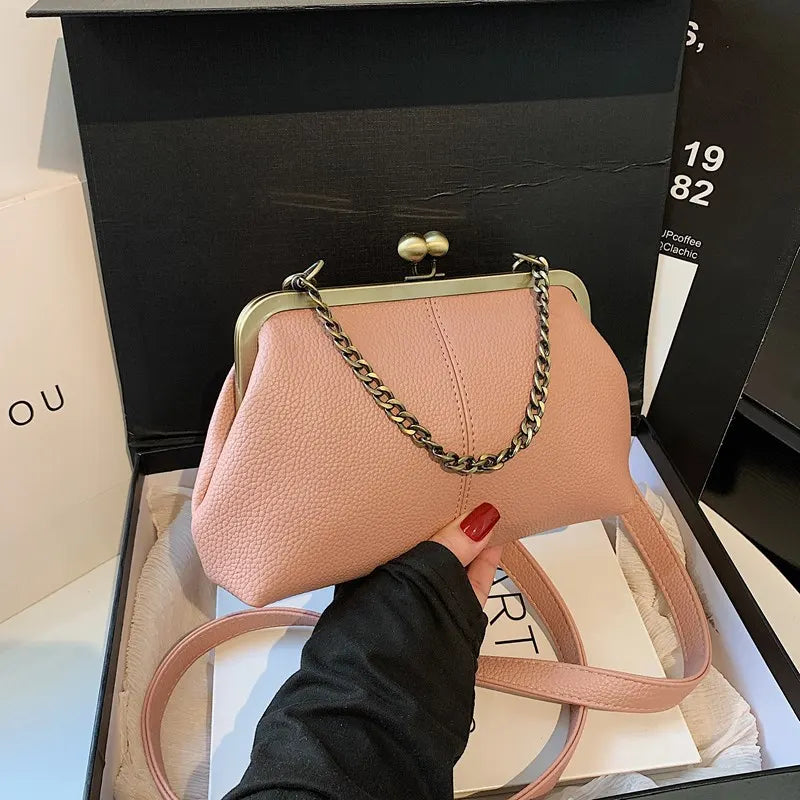 Pink Retro Women's Shell Handbag - European Style Clip Lock Closure PU Clutch/Shoulder Bag with Chain Strap - Image 2