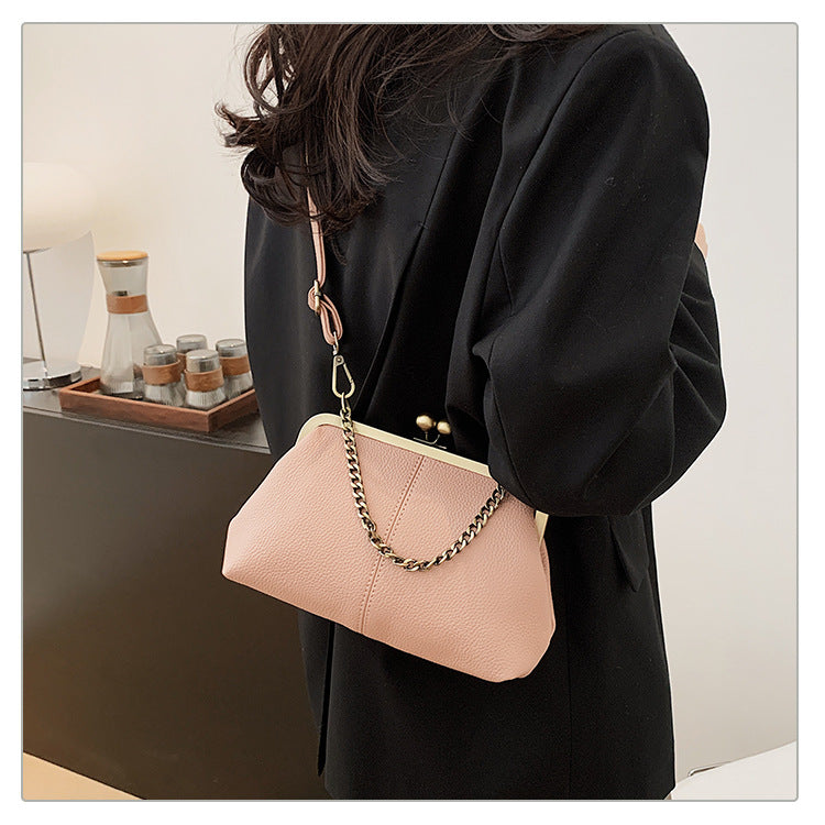 Pink Retro Women's Shell Handbag - European Style Clip Lock Closure PU Clutch/Shoulder Bag with Chain Strap - Image 3
