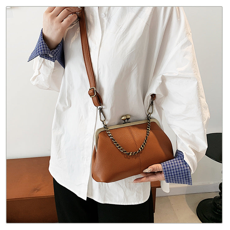 Brown Retro Women's Shell Handbag - European Style Clip Lock Closure PU Clutch/Shoulder Bag with Chain Strap - Image 2