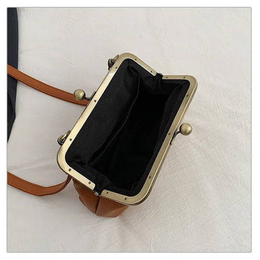 Brown Retro Women's Shell Handbag - European Style Clip Lock Closure PU Clutch/Shoulder Bag with Chain Strap - Image 3