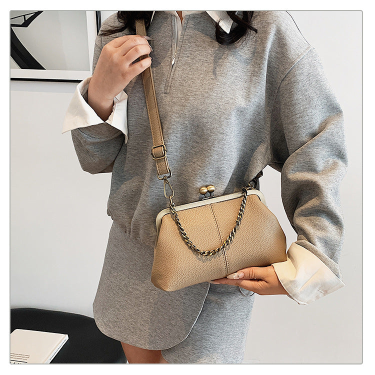 Khaki Purple Retro Women's Shell Handbag - European Style Clip Lock Closure PU Clutch/Shoulder Bag with Chain Strap - Image 2