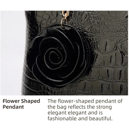 Dark Blue Patent PU Leather Crocodile Embossed Shell Bag(30 x 11 x 26 CM) with Floral Pendant - Image 2