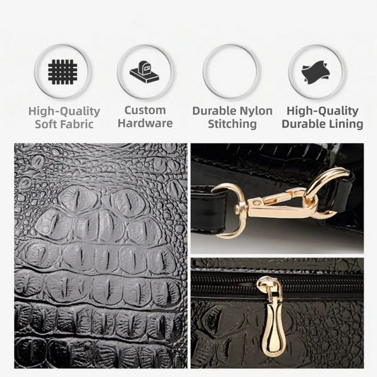 Dark Blue Patent PU Leather Crocodile Embossed Shell Bag(30 x 11 x 26 CM) with Floral Pendant - Image 3