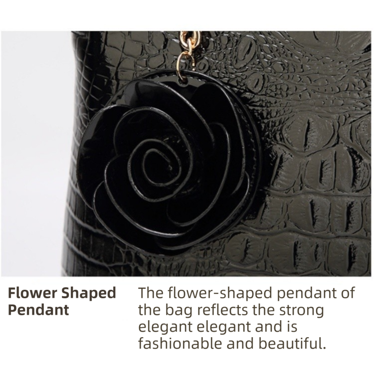 Black Patent PU Leather Crocodile Embossed Shell Bag(30 x 11 x 26 CM) with Floral Pendant - Image 2