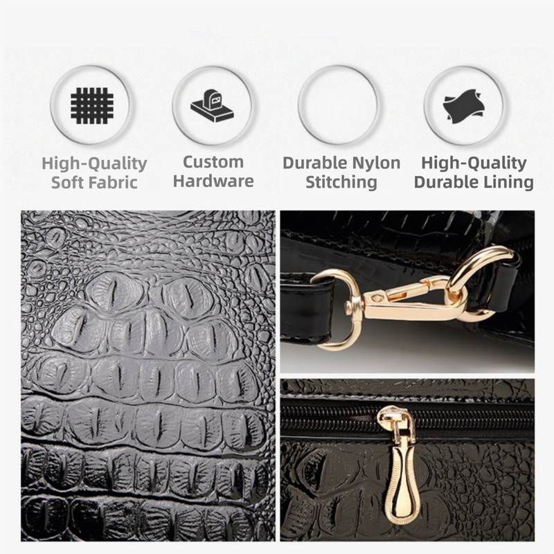 Black Patent PU Leather Crocodile Embossed Shell Bag(30 x 11 x 26 CM) with Floral Pendant - Image 3
