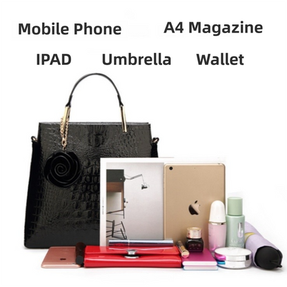 Black Patent PU Leather Crocodile Embossed Shell Bag(30 x 11 x 26 CM) with Floral Pendant - Image 4