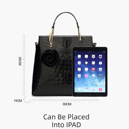 Black Patent PU Leather Crocodile Embossed Shell Bag(30 x 11 x 26 CM) with Floral Pendant - Image 5