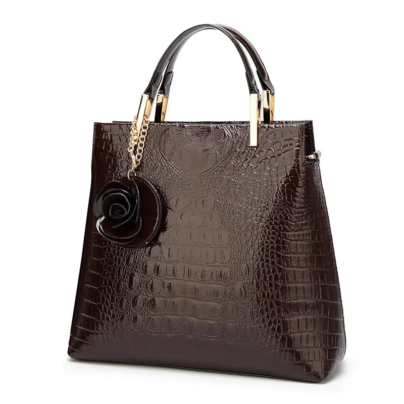 Dark Coffee Patent PU Leather Crocodile Embossed Shell Bag(30 x 11 x 26 CM) with Floral Pendant
