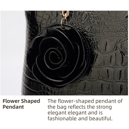 Dark Coffee Patent PU Leather Crocodile Embossed Shell Bag(30 x 11 x 26 CM) with Floral Pendant - Image 2