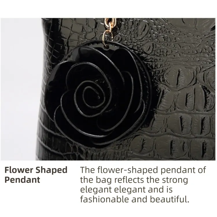 Dark Coffee Patent PU Leather Crocodile Embossed Shell Bag(30 x 11 x 26 CM) with Floral Pendant - Image 2