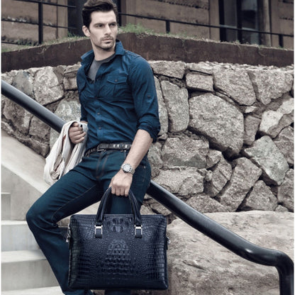 Black Men's Luxury Crocodile Embossed PU Leather Briefcase(39 x 8 x 28 CM) With FREE Crocodile Wallet - Dual-Zip Business Shoulder/Crossbody Laptop Bag (Fits 14-inch) - Image 2
