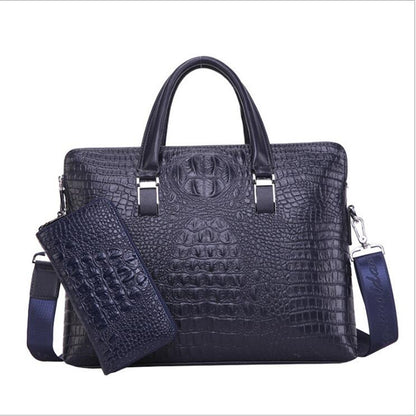 Blue Men's Luxury Crocodile Embossed PU Leather Briefcase(39 x 8 x 28 CM) With FREE Crocodile Wallet - Dual-Zip Business Shoulder/Crossbody Laptop Bag (Fits 14-inch)