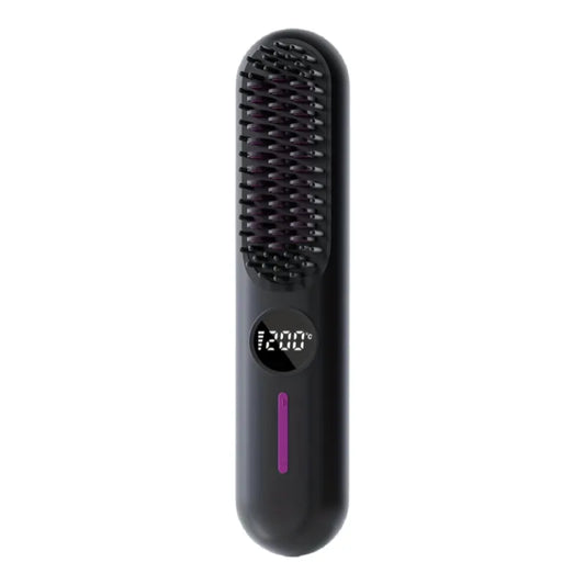 S01 Black Cordless Hair Straightener Brush - 2-in-1 Curling & Straightening Tool with LED Power Display and 7-Level Temp Control, Mini Quick Heat Anti-Damage