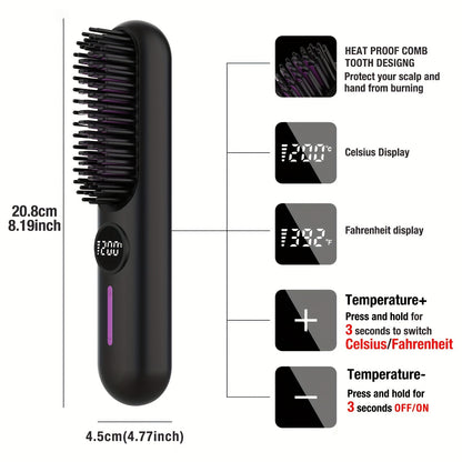 S01 Black Cordless Hair Straightener Brush - 2-in-1 Curling & Straightening Tool with LED Power Display and 7-Level Temp Control, Mini Quick Heat Anti-Damage - Image 2