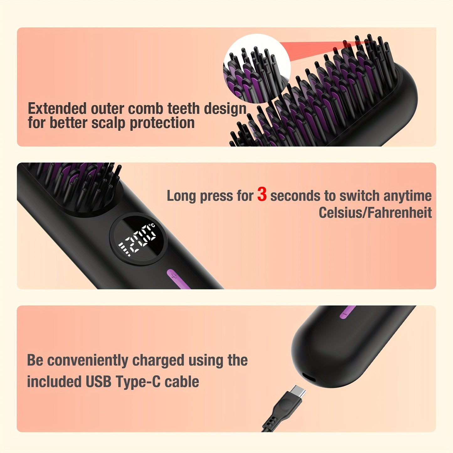 S01 Black Cordless Hair Straightener Brush - 2-in-1 Curling & Straightening Tool with LED Power Display and 7-Level Temp Control, Mini Quick Heat Anti-Damage - Image 5