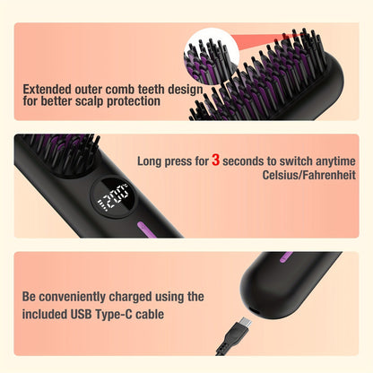 S01 Black Cordless Hair Straightener Brush - 2-in-1 Curling & Straightening Tool with LED Power Display and 7-Level Temp Control, Mini Quick Heat Anti-Damage - Image 5