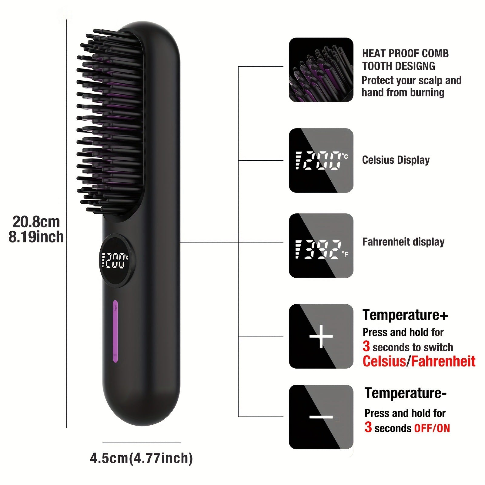S01 White Cordless Hair Straightener Brush - 2-in-1 Curling & Straightening Tool with LED Power Display and 7-Level Temp Control, Mini Quick Heat Anti-Damage - Image 2