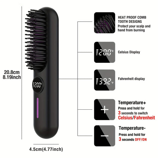S01 White Cordless Hair Straightener Brush - 2-in-1 Curling & Straightening Tool with LED Power Display and 7-Level Temp Control, Mini Quick Heat Anti-Damage - Image 2