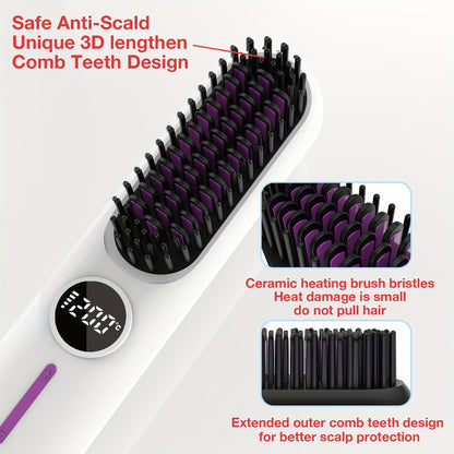 S01 White Cordless Hair Straightener Brush - 2-in-1 Curling & Straightening Tool with LED Power Display and 7-Level Temp Control, Mini Quick Heat Anti-Damage - Image 4