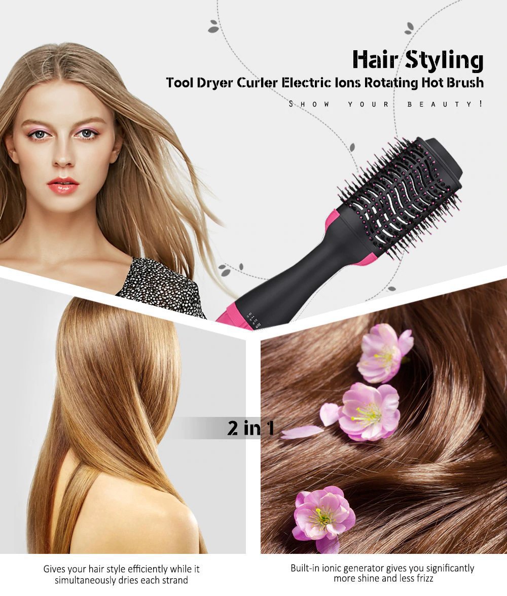 2-in-1 Black-Pink Negative Ion Hot Air Styler Brush - 7-Level Temp & 3-Gear Speed, Fast Drying Blow Dryer & Volumizing Straight/Curling Comb - Image 2