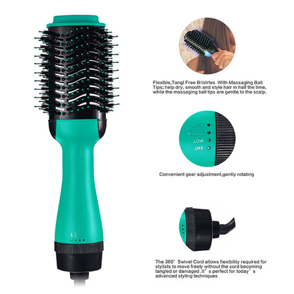 2-in-1 Black-Green Negative Ion Hot Air Styler Brush - 7-Level Temp & 3-Gear Speed, Fast Drying Blow Dryer & Volumizing Straight/Curling Comb - Image 3