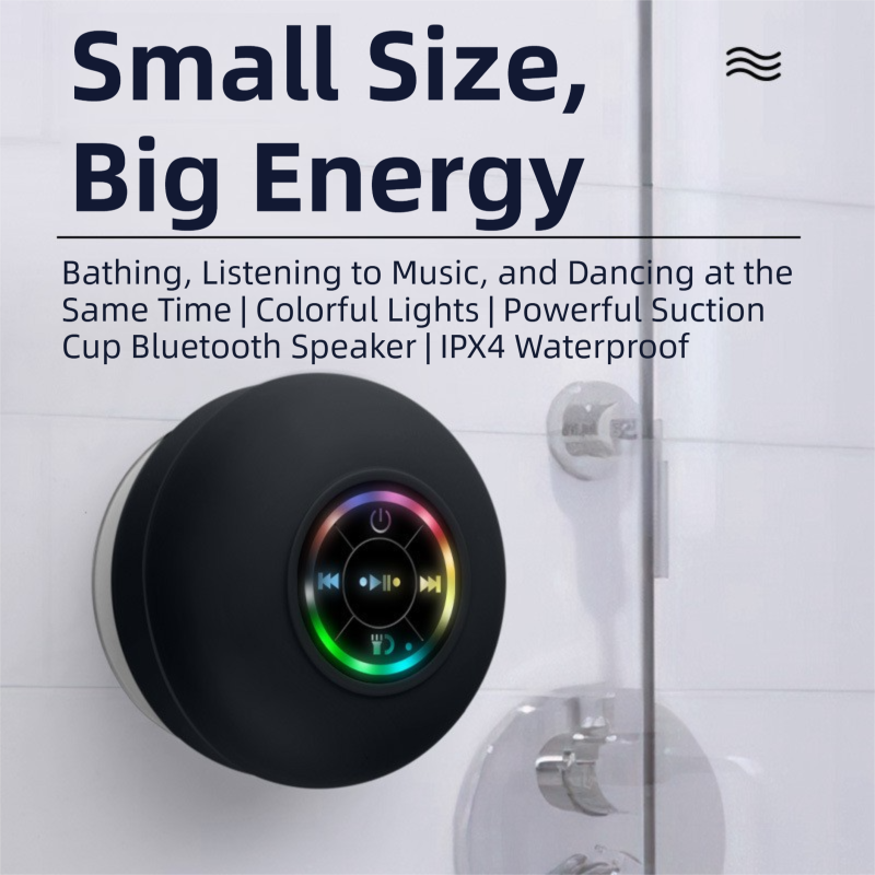 Black IPX4 Waterproof Portable Bluetooth Shower Speaker with Suction Cup & LED Light - Multi-Use As Phone Stand, Built-in Mic for Hands-Free Calling - Image 2