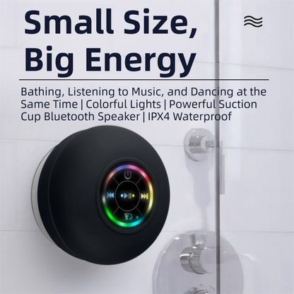 Black IPX4 Waterproof Portable Bluetooth Shower Speaker with Suction Cup & LED Light - Multi-Use As Phone Stand, Built-in Mic for Hands-Free Calling - Image 2