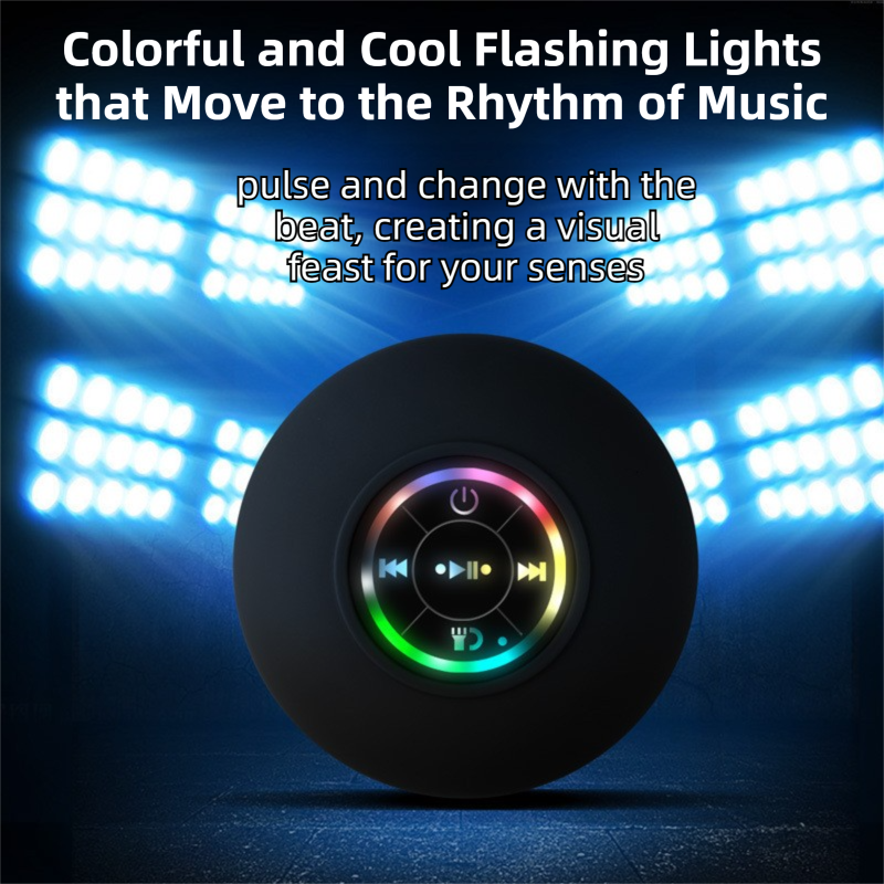 Black IPX4 Waterproof Portable Bluetooth Shower Speaker with Suction Cup & LED Light - Multi-Use As Phone Stand, Built-in Mic for Hands-Free Calling - Image 3