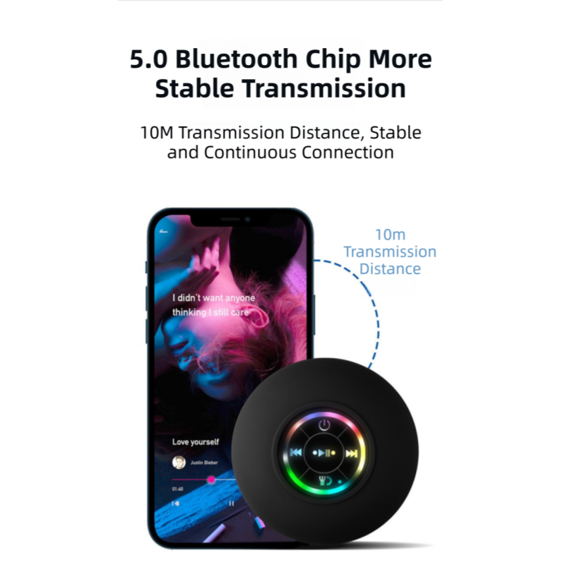 Black IPX4 Waterproof Portable Bluetooth Shower Speaker with Suction Cup & LED Light - Multi-Use As Phone Stand, Built-in Mic for Hands-Free Calling - Image 4