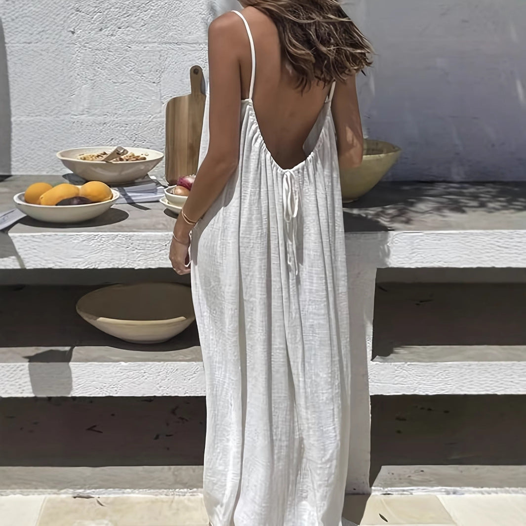 White Women's Crinkle Ice Silk Backless Cami Maxi Dress(Size L) - Loose Fit Lounge Nightgown Slip Dress, Casual Resort Wear